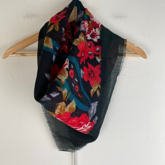 Vintage Worthington Wool Floral Scarf Black Red 35in Square English Countryside - Picture 2 of 9
